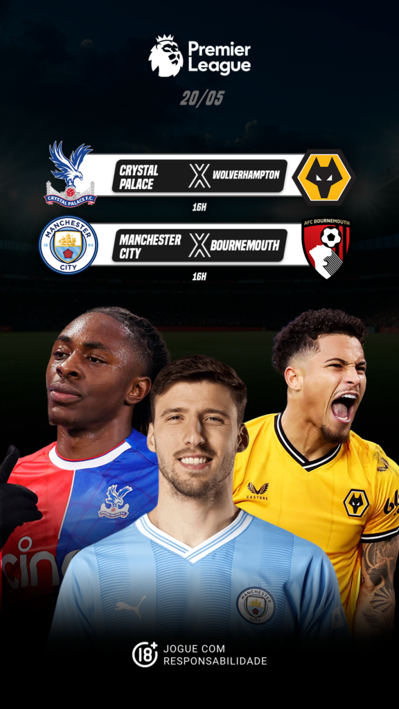 Completando a 37º rodada da Premier League, temos dois confrontos na terça-feira, 20 de maio, com o Manchester City recebendo o Bournemouth e o Crystal Palace enfrentando o Wolverhampton.