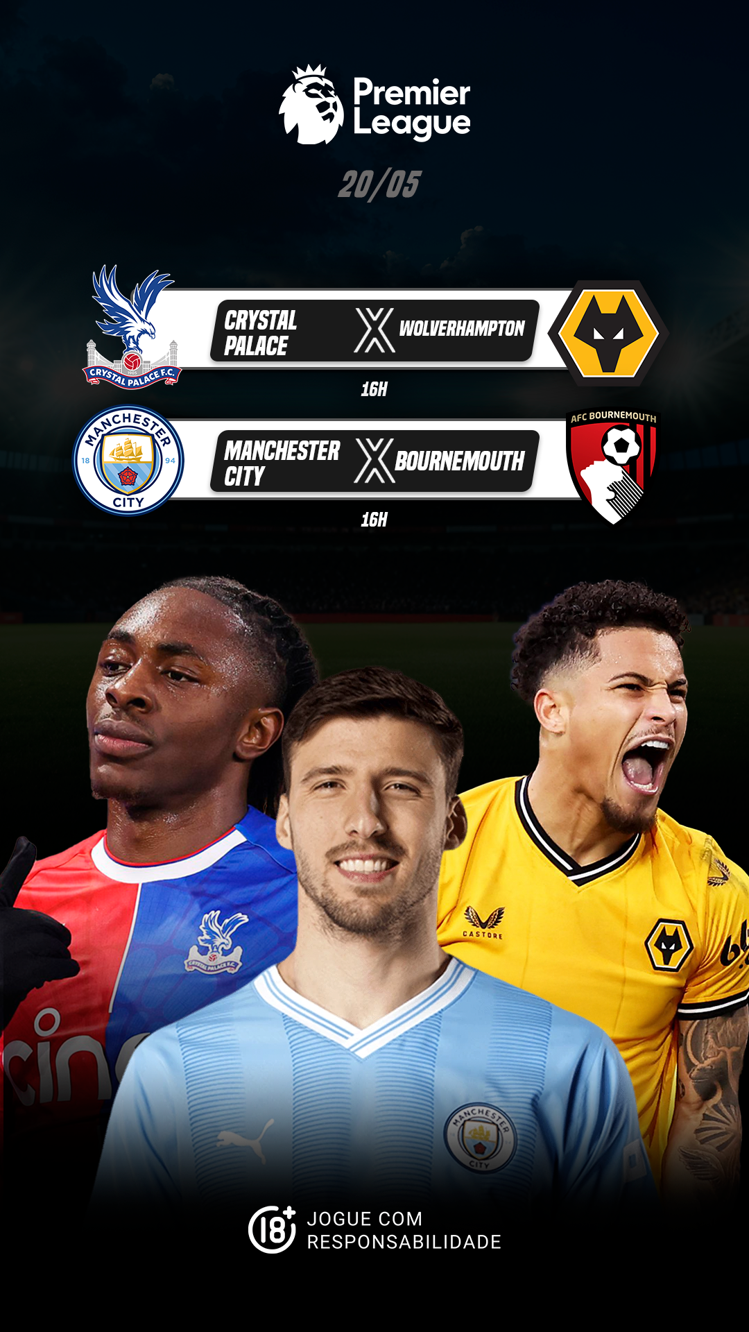 Completando a 37º rodada da Premier League, temos dois confrontos na terça-feira, 20 de maio, com o Manchester City recebendo o Bournemouth e o Crystal Palace enfrentando o Wolverhampton.