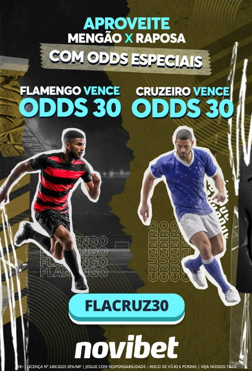 Aposte R$1 e ganhe R$30 na Novibet no jogo entre Flamengo e Cruzeiro pelo Campeonato Brasileiro da Série A.