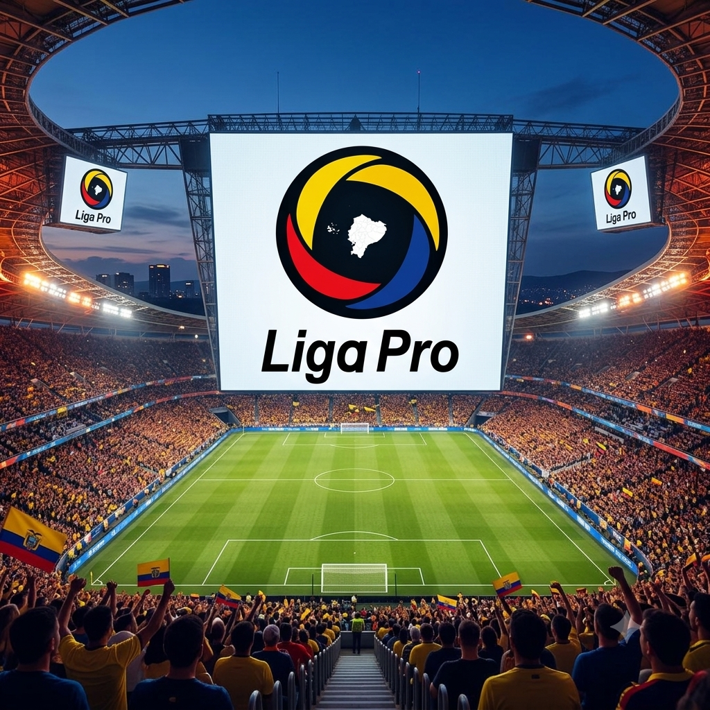 Escudo da Liga Pro do Equador em destaque com fundo de estádio de futebol lotado.