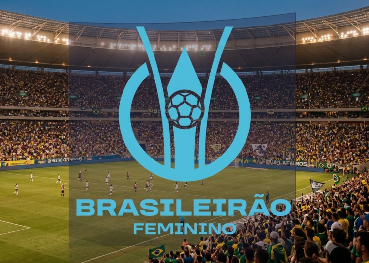 Símbolo oficial do Brasileirão Feminino em destaque com fundo de estádio de futebol lotado.
