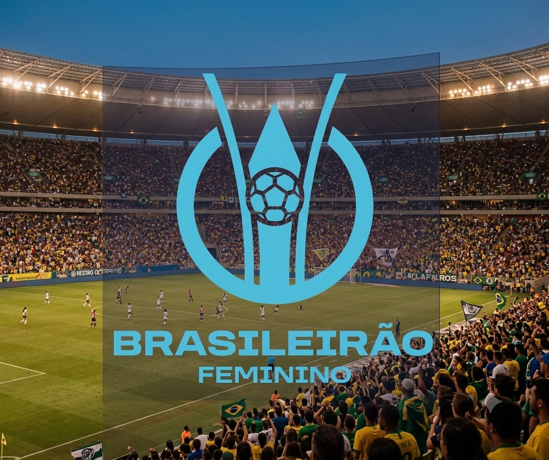 Símbolo oficial do Brasileirão Feminino em destaque com fundo de estádio de futebol lotado.